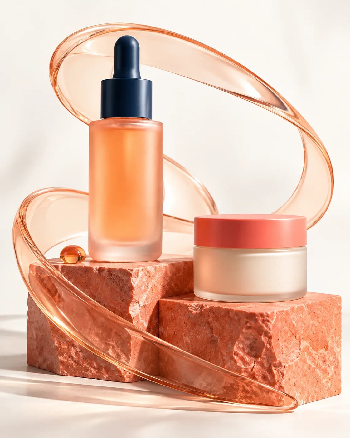 Frosted skincare bottles on coral stone