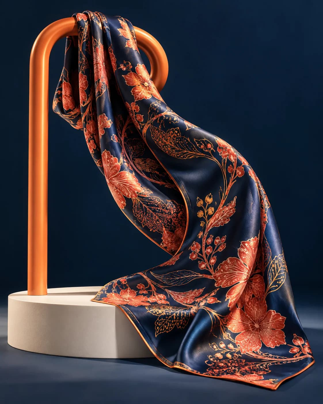 Navy and coral batik silk on a sculptural display